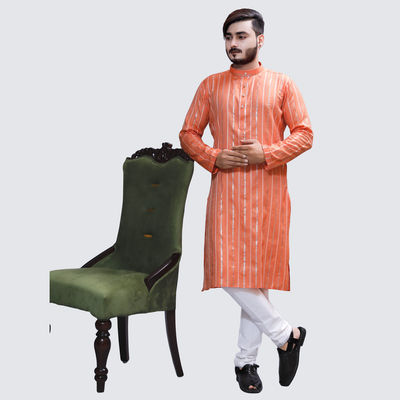 Men Kurta - Orange | Solid | Thin Striped | Cotton Blend | L