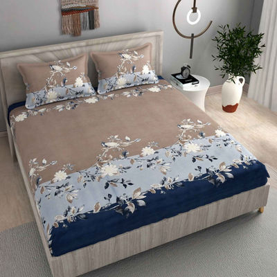 Fitted King Size Floral 220 TC Bedsheet | With 2 Pillow Cover | Brown & Blue