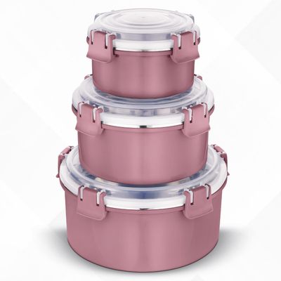 Stainless Steel Microwave Safe Leak & Spill Proof 3 Containers Pink 2000 ml