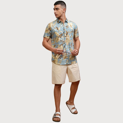 Men Slim Fit Tropical Cotton Printed Casual Shirt | Multicolor | S