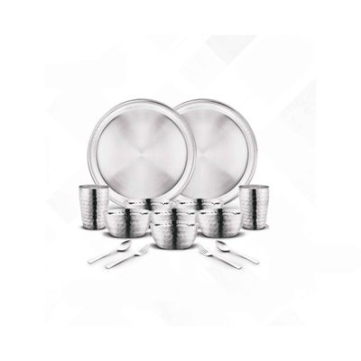 Heavy Gauge Stainless Steel Hammered Design 14 Pcs Dinner Set Serve for 2