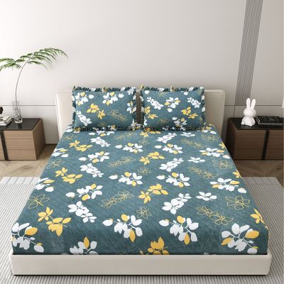 Elastic Fitted Double Bedsheet | 2 Frill Pillow Covers | Polycotton | Grey