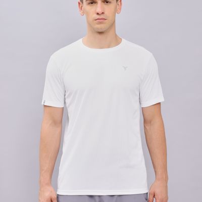 Men's Poly Solid Slim Fit Round Neck Sports T-shirt | White - L
