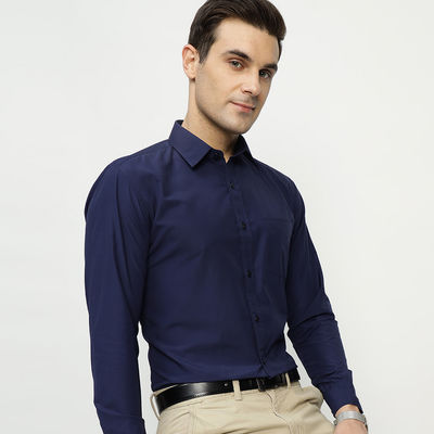 Men's Polyester Solid Slim Fit Button Closure Formal Shirt | Navy Blue - XL