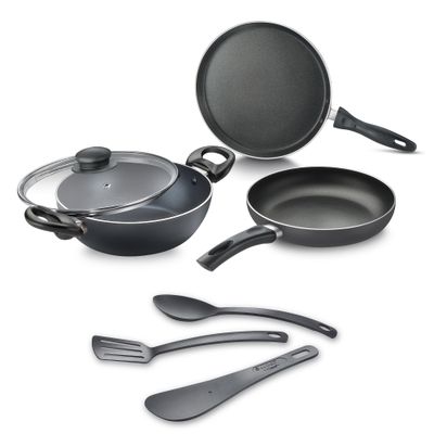 ACE NonStick 7Pcs Cookware Set Kadai 20cm with G Lid,FP 20cm,OT 25cm,3 tools,Black