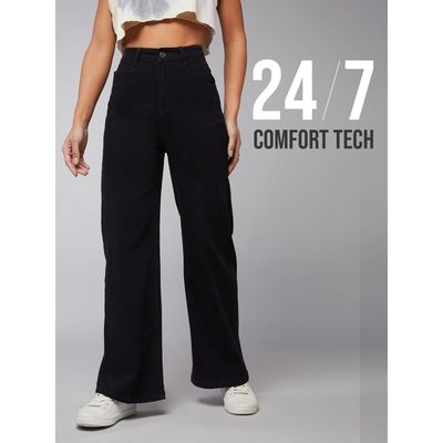 Women Wide Leg High Rise Clean Look Regular-Length Stretchable Denim Jeans | Black | 32