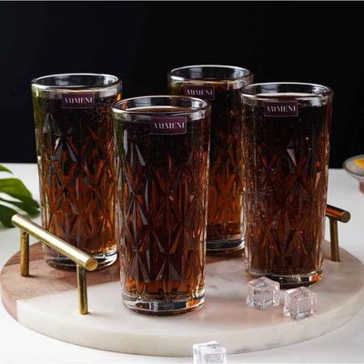 Elevated Etched Highball Glasses for Water, Juice, Mojito, Cocktail | Set of 4 |340 ml | The Artment