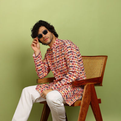 Men's Printed Long Kurta | Maroon and White - L