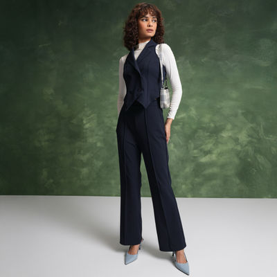 Women's Notched Lapel-Collar Waistcoat With Trousers | Blue - S
