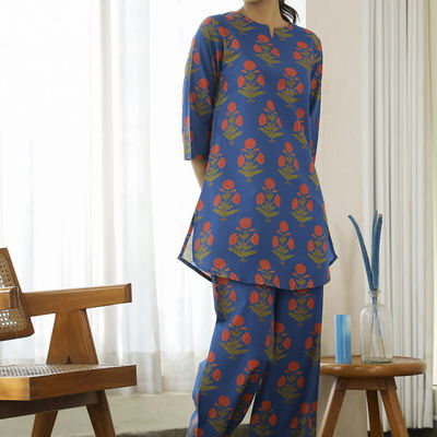 Floral Printed Pure Cotton Night Suit | Blue - M