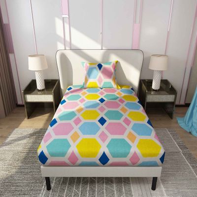 Single Velvet Vista Geometric Bedsheet | With 1 Pillow | Multicolor | 88 x 60 in