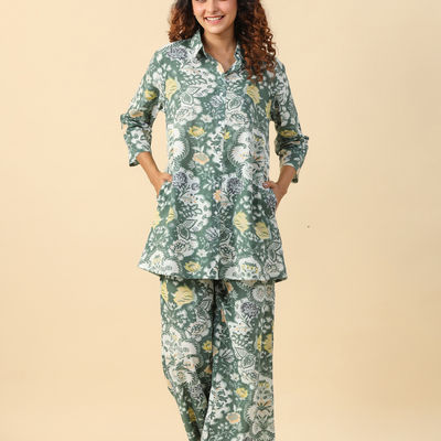 Floral Printed Pure Cotton Night Suit | Green - White | M