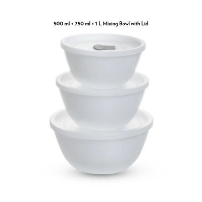 Opalware Mixing Bowl 6 Pcs Set With Lid (500Ml X 1 + 750Ml X 1 + 1000Ml X 1), White