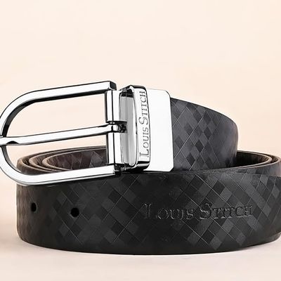 Louis Stitch Men's Textured Genuine Leather Reversible Belt | Black and Brown - 34 Inches