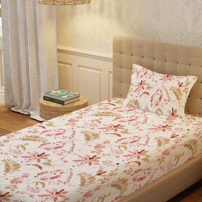 Single 100% Cotton 200 TC Floral Bedsheet, 1 Pillow Cover | Peach and White | 90x58in