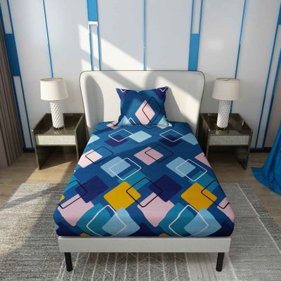 Single Microfiber 125 TC Geometric Flat Bedsheet | Pack of 1 | Blue | 60 x 88 in