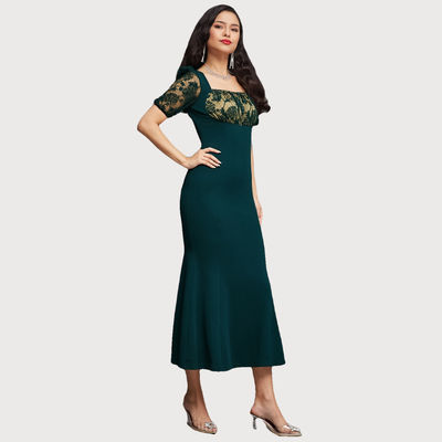 Women Dark Square Puff Sleeve Solid Lace Overlaid Ankle Length Dress | Green | L