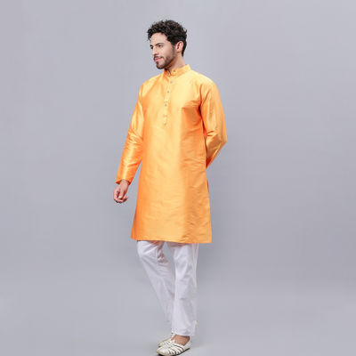 Yellow Blended Silk Kurta Men - M