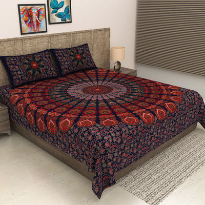 Metro Living 104 Tc Cotton Double Printed Flat Bedsheet - Pack Of 1 | Navy Blue