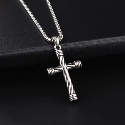Men's Jewelry Cross Textured Pendant Chain | Necklace-094 | Silver