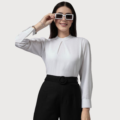 Women White Opaque Band Collar Full Sleeves Top | S | AW23SQLIVIA - White