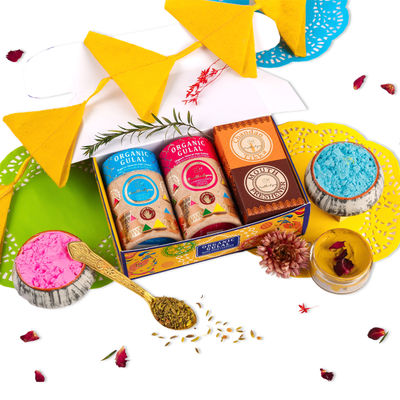 Organic Holi Colour Premium Gift Set with Chandan Tika & Mukhwas | Pankhudiyan