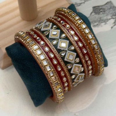 Kundan Red Chuda | Green Kangan Traditional Set | Red & Green - Size 2.4