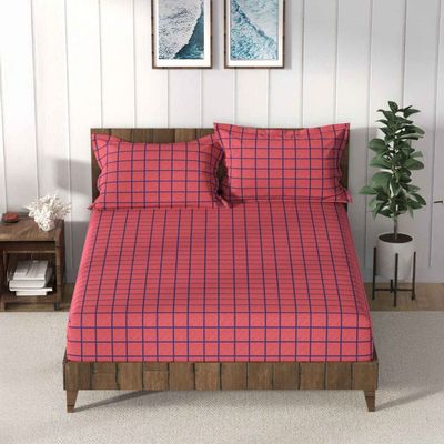 Nautica Super Soft 100% Cotton King Bedsheet and 2 Pillow Covers | Set of 3 | Bristol Checks | Red