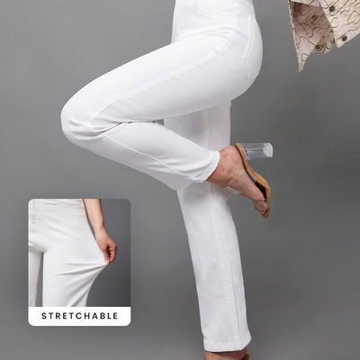 Women Straight High Rise Clean Look Regular-Length Stretchable Denim Jeans | White | 28