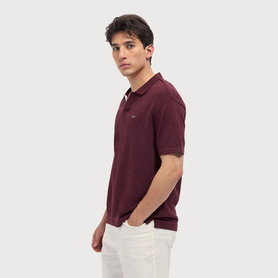 Men's Solid Relaxed Fit Polo with BEAR Badge Detail | Maroon - M