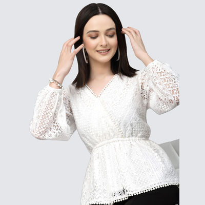 Women White Self Design Lace Regular Casual Peplum Top | S | SS23SQLACEY - White