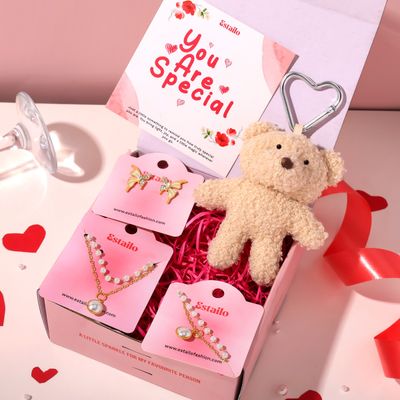 Butterfly Earrings |Pearl Necklace & Bracelet Set with Of white Cute Teddy Keychain