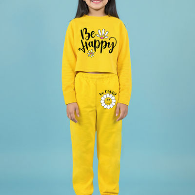 Girls Printed Round Neck Crop Top & Track Pants Set | Yellow | 2-3 Years