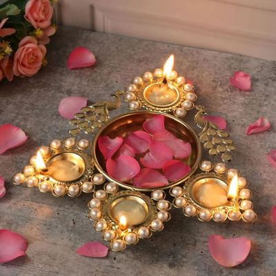 Peacock Pearl Diya Urli bowl for Home Decor | 12 inch | Urban Born