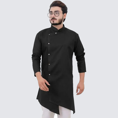 Men Asymmetric Kurta - Black | Solid | Cotton Blend | L