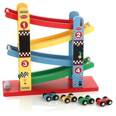 Wooden Ramp Racer Car with 4 Mini Cars - Multilevel Racing Track Toy for Kids 3+