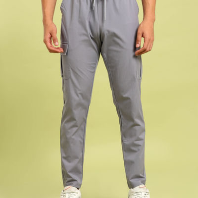 Men Poly Solid Relax Fit Sports Cargo Trackpants with TS FLEXI | Light Grey | M