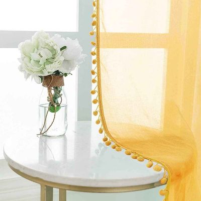 Sheer Linen Door Curtains 7Ft X 4Ft Yellow With Pompoms Set Of 2