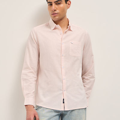 Pink Cotton Linen Slim Fit Solid Casual Shirt |XXL