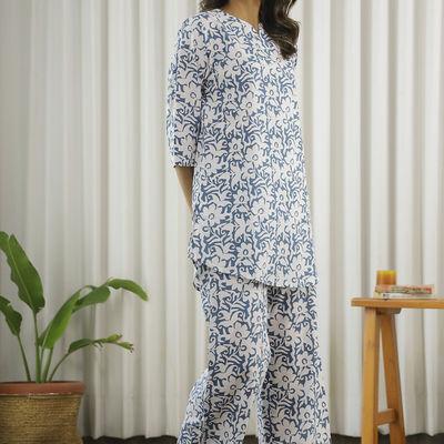 Shirt Collar Pure Cotton Night Suit | Blue - L