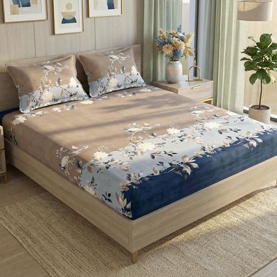 Fitted King Size Floral 220 TC Bedsheet | With 2 Pillow Cover | Brown & Blue