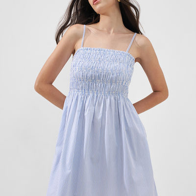 Women Smocked-Bodice Cotton Short Dress | White & Blue | L