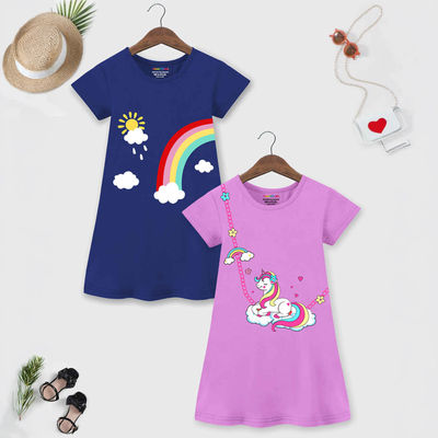 Girls' Topwear Printed Dress | TRM-DRS-233 | Purple, Blue | 2-3 Years