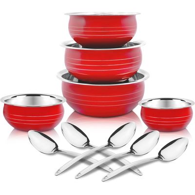Induction Friendly Stainless Steel Serving Handi Set Red 10 Piece