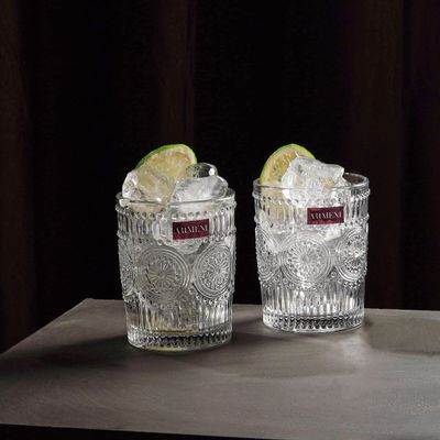 Modern Art Vintage Embossed Whisky, Juice, Water Glasses Set Of 4 (300 ml)