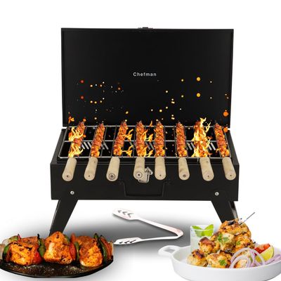 Chefman Briefcase BBQ Grill | Foldable Leg | 8 Skewers | Perfect For Outdoor Cooking | Black