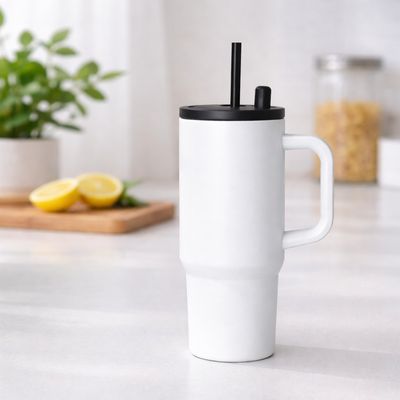 Insulated Travel Mug with Handle and Straw Lid Leakproof Tumbler White | 1200 ml