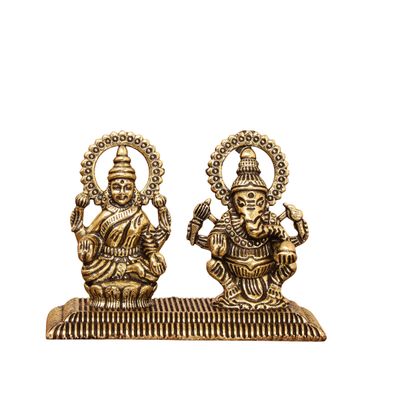 Intricate Brass Laxmi Ganesh Murti Pair | 1.5 Inches | Aksharveda