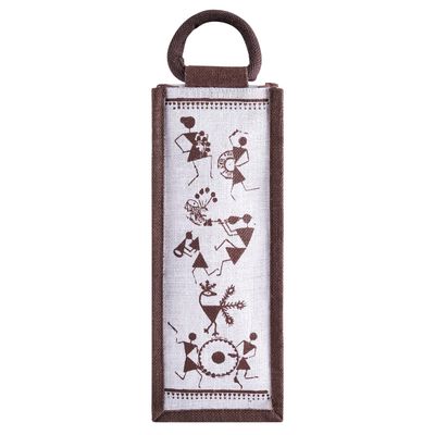 Carry Bag - Bottle Bag Warli Print | Eco-friendly | White-brown | 14 x 5 x 4.5