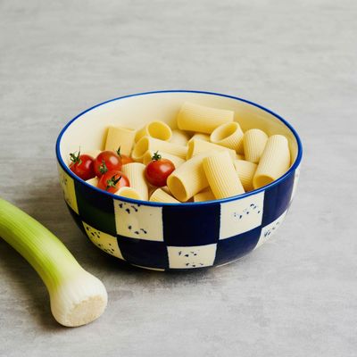 Blue Check Serving Bowl(Blue & White, AnimaL Bone Ash Free Stoneware)